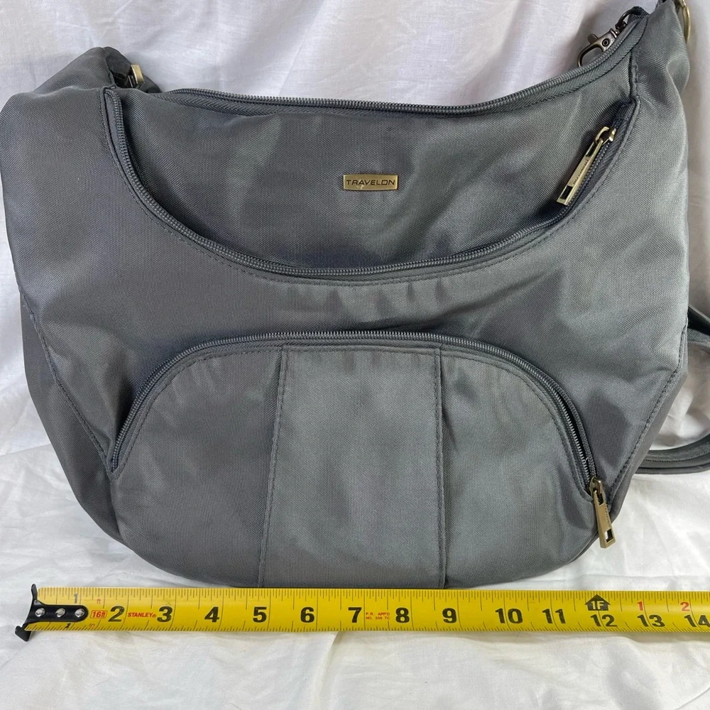 ⭐️TRAVELON ANTI-THEFT‎ GRAY/BURNT ORANGE ROUND HOBO RFID, Gently Used